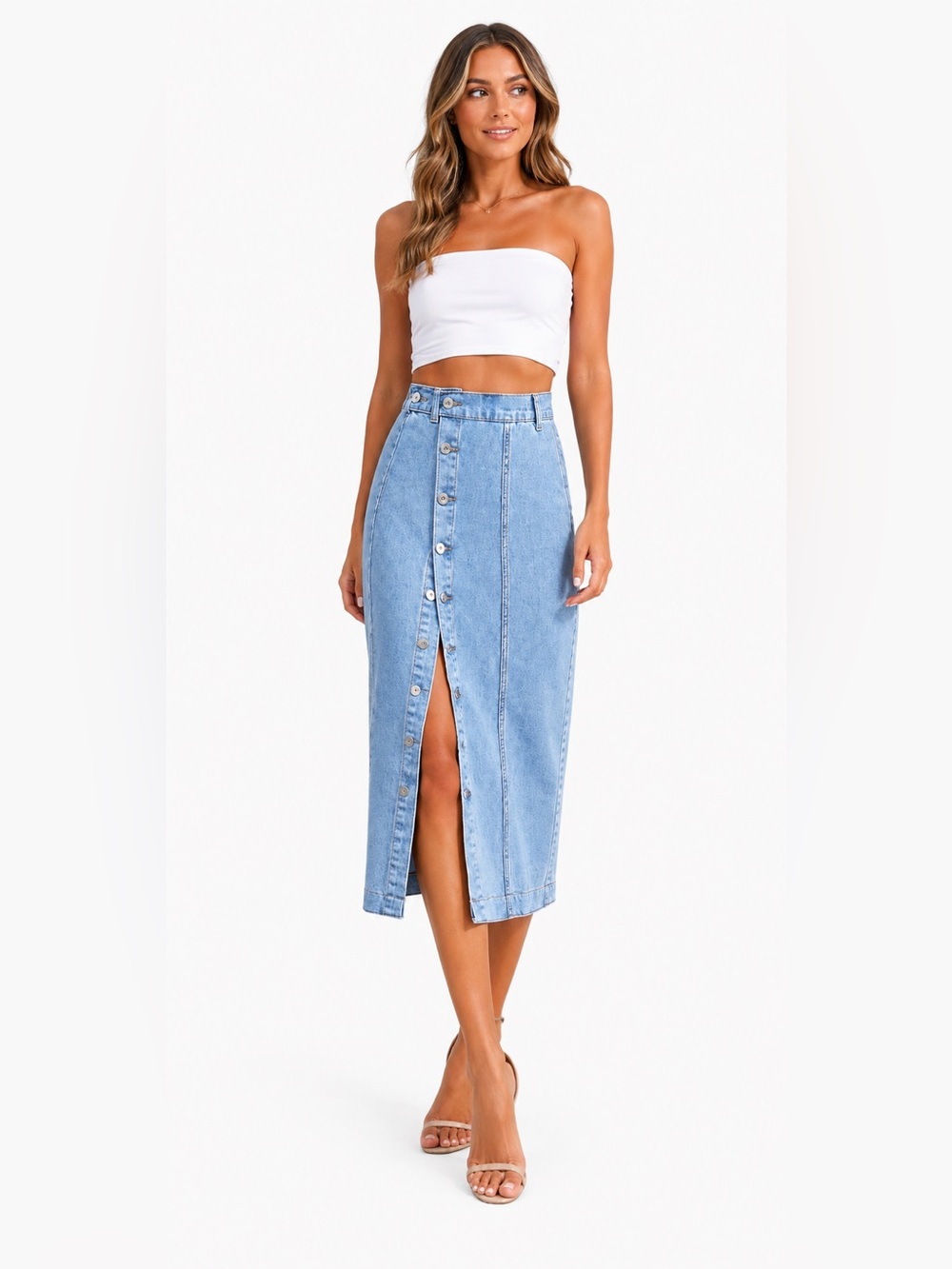 Women’s Light Wash Denim Button Front Midi Skirt High Waist Size Large Jean